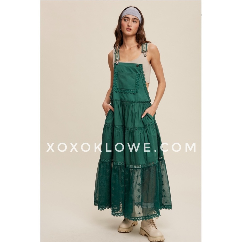 Listicle Dark Green Lace Embroidered Tiered Overall Dress | Trails End Skirtall